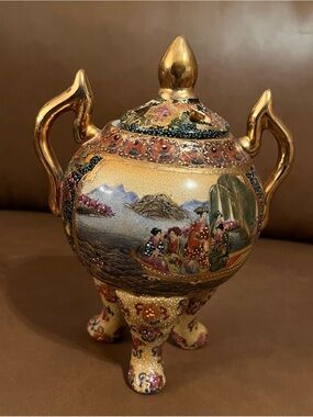 Vtg Royal Satsuma Hand Painted Ceramic Incense Burner, Tripod Legs, Dual Handles